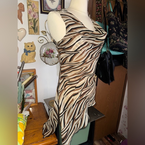 Y2K A. Byer Brown Black & Cream Print asymmetrical cowl neck sleeveless Top - Picture 2 of 5